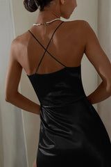 Satin V-Neck Ruched Waist Cami Bodycon Maxi Dress