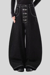 Deep Wash Draped Wide Leg Denim Jeans