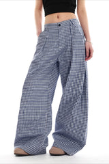 Blue Plaid Pleated Wide Leg Pants