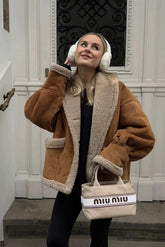 Lapel Faux Suede Shearling Coat