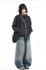 Asymmetric Zip Washed Hooded Coat