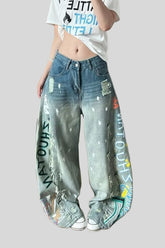 Graffiti Print Distressed Wide Leg Jeans