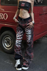 Washed Plaid Graphic Baggy Jeans