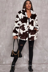 Black and White Faux Fur Cow Print Coat