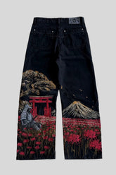 Mount Fuji Landscape Embroidered Wide Leg Jeans