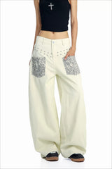 Leopard Pocket Stud Wide Leg Jeans