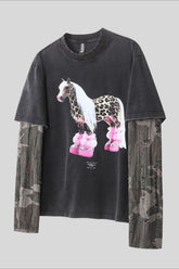 Horse Graphic Camo Layered Long Sleeve T-Shirt