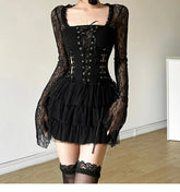 Vintage Lace Frilled Mini Dress Black / S