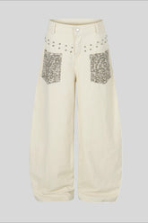 Leopard Pocket Stud Wide Leg Jeans