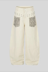 Leopard Pocket Stud Wide Leg Jeans