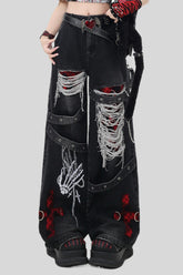 Gothic Ripped Strap Embellished Barrel Leg Jeans
