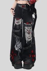 Gothic Ripped Strap Embellished Barrel Leg Jeans