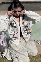 Gray Graffiti Hooded Zip-Up Cropped Hoodie