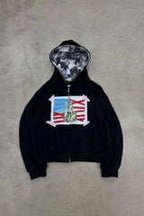 Statue Tape Graphic Cropped Zip Hoodie