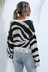 Colorblock V-Neck Distressed Sweater