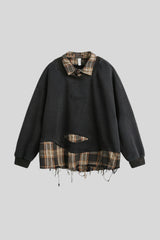 Distressed Plaid Layered Polo Collar Oversized Sweatshirt