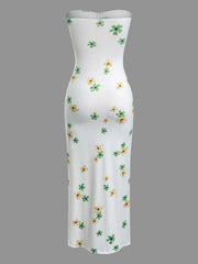 Floral Print Ruched Slit Strapless Maxi Dress
