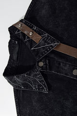 Leather Strap Patchwork Denim Long Sleeve Shirt