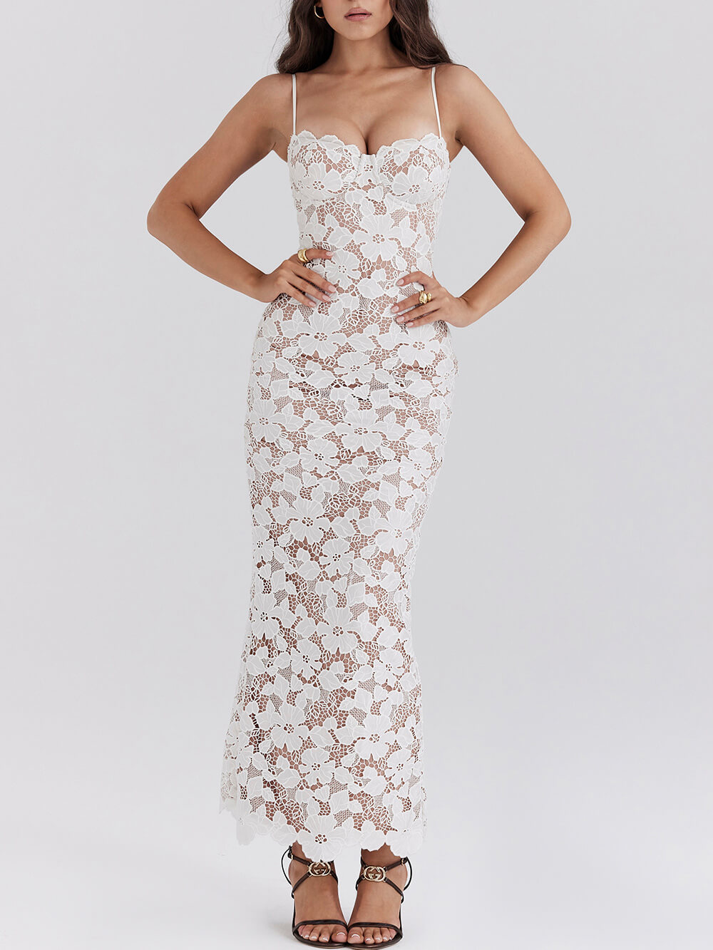 Stylish Sexy Lace Charming Halter See-Through Midi Dress