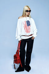 Distressed Flag Off Shoulder Long Sleeve T-Shirt