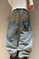 Graffiti Letter Embroidered Straight Leg Jeans