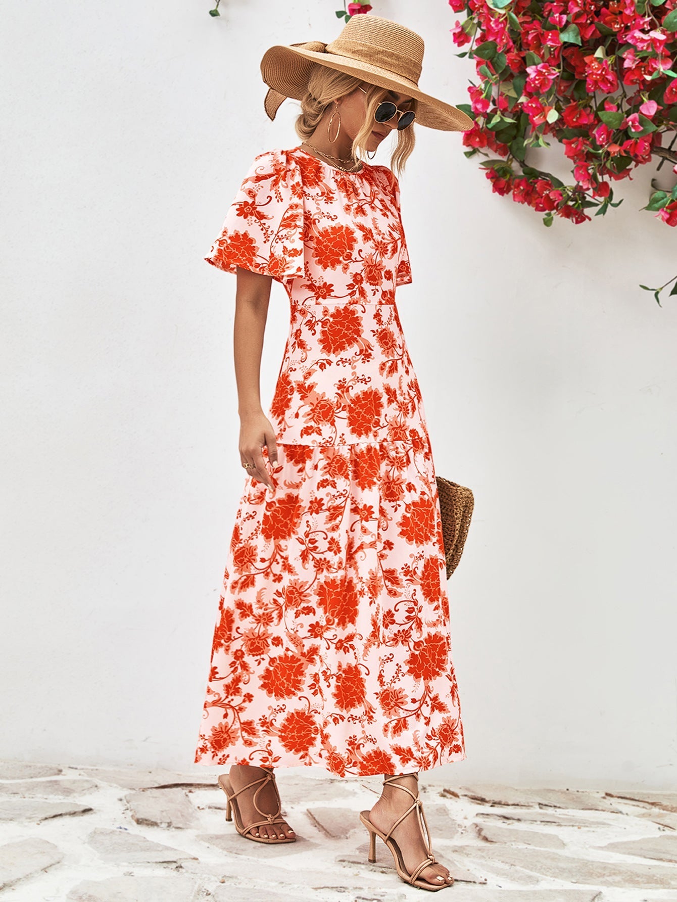 Floral Neck Tied Open Back Dress