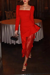 Square Neck Asymmetric Ruffled Hem Lace Midi Dress