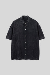 Studded Distressed Denim Short Sleeve Shirt