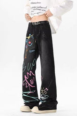 Graffiti Print Baggy Wide Leg Denim Jeans