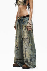 Distressed Stitch Embroidered Baggy Barrel Jeans