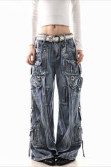 Deconstructed Buckle Cargo Wide Leg Jeans