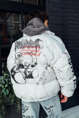 Bear Graphic Marble Print Puffer Jacket