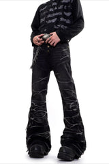 Cracked Wash Flared Streetwear Denim Jeans