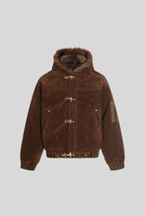 Fur Trim Suede Toggle Hooded Coat