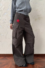 Red Embroidered Wide Leg Cargo Pants