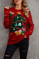 Christmas Cozy Color Block Xmas Tree Print Sweater