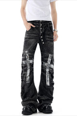 Rhinestone Cross Button Fly Flared Jeans