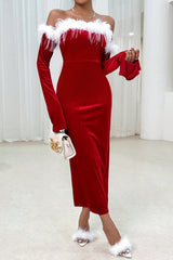 Christmas Red Fuzzy Tassel Waist-Cinched Sexy Party Dress