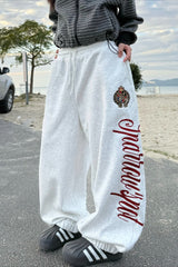 Vintage Crest Typography Embroidered Wide Leg Sweatpants