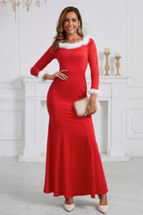 Christmas Elegant Slim Fit Long Sleeve Fuzzy Trim Party Dress