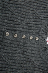 Distressed Ribbed Henley Neck Knit Sweater