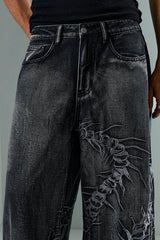 Centipede Embroidered Distressed Flared Denim Jeans
