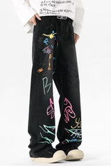 Graffiti Print Baggy Wide Leg Denim Jeans
