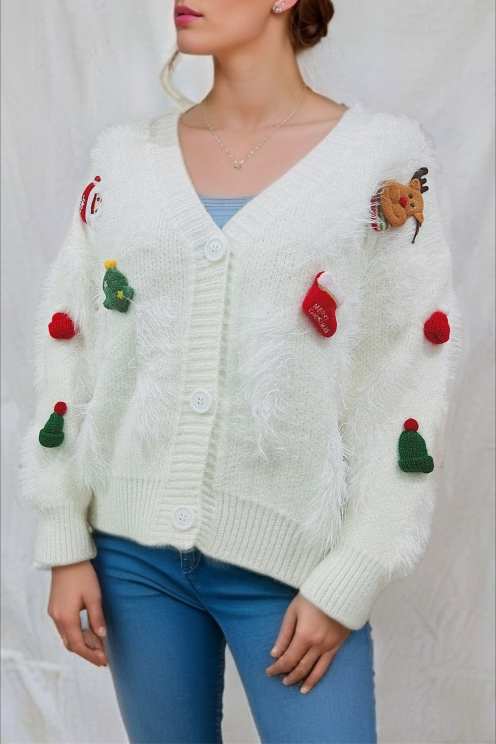Christmas Mink Fleece 3D Trim Single-Breasted Cardigan Sweater White / S