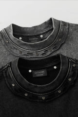 Studded Distressed Collar Washed Oversized Tee