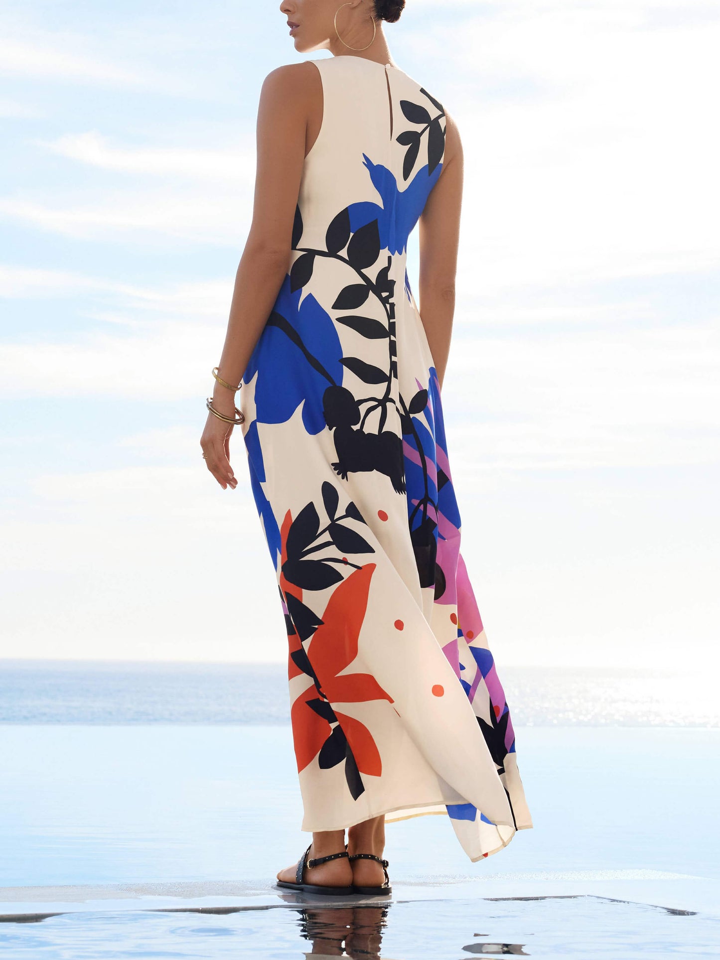 Satin Art Floral Charming Print Maxi Dress