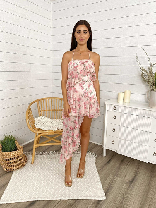 Floral Asymmetrical Halter Ruffled Tiered Dress