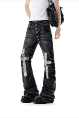 Rhinestone Cross Button Fly Flared Jeans
