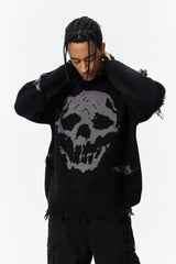 Raw Hem Skull Jacquard Oversized Sweater