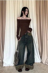 Retro Leopard Print Wide Leg Jeans